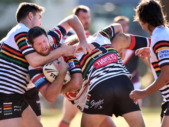 Erina captain Shane McFadden is tackled during the Central Coast Division Rugby League first-grade elimination semi-final against Berkeley Vale at Erina Oval yesterday. Picture: Troy Snook