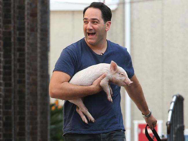 Nova's resident piglet Piggy Smalls meets Alexandria identity Kevin Bacon at The Grounds for a play date with breakfast duo Michael 