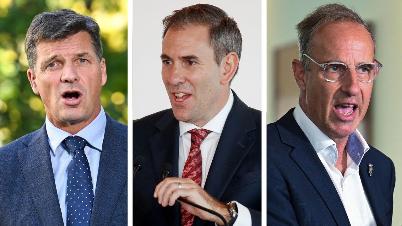 Treasurer Jim Chalmers (centre), shadow treasurer Angus Taylor (left), and Greens economic justice spokesperson Nick McKim (right) traded barbs following the merger shake-up. Picture: NCA NewsWire