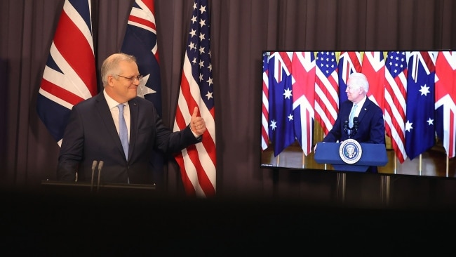 Prime Minister Scott Morrison joined with US President Joe Biden and UK Prime Minister Boris Johnson when they announced the creation of the AUKUS alliance.
Picture: Newswire/Gary Ramage