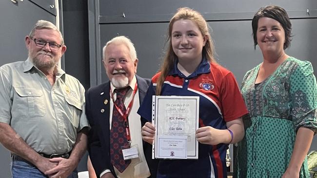 Tin Can Bay RSL Bursary - Cleo with RSL president Don Holland, RSL School Liaison Officer, David Grice and deputy principal Sandy Lewis - Tin Can Bay State School Awards 2023.