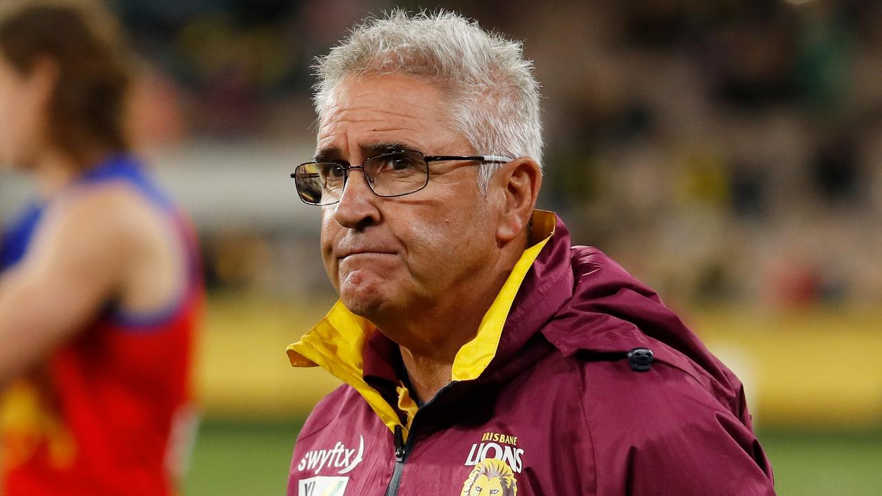 MELBOURNE, AUSTRALIA - JULY 31: Chris Fagan, Senior Coach of the Lions looks dejected after a loss during the 2022 AFL Round 20 match between the Richmond Tigers and the Brisbane Lions at the Melbourne Cricket Ground on July 31, 2022 in Melbourne, Australia. (Photo by Dylan Burns/AFL Photos via Getty Images)