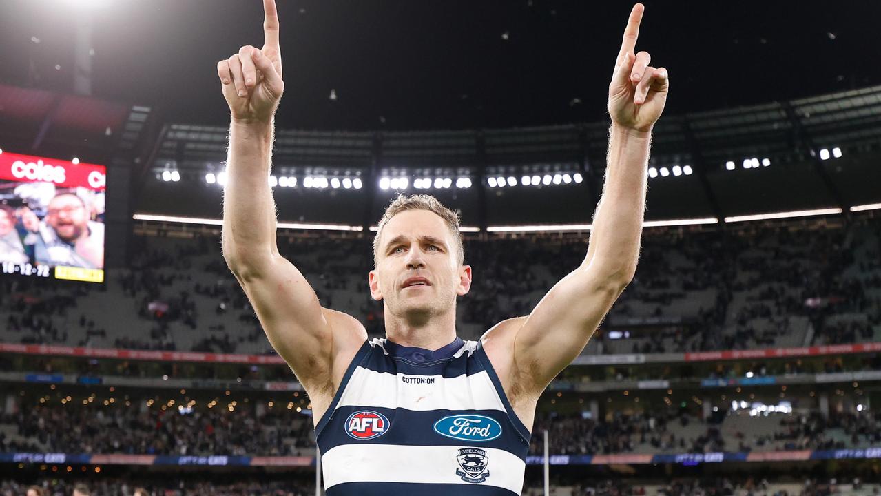 Joel Selwood celebrates after the win over Collingwood. Picture: Michael Willson