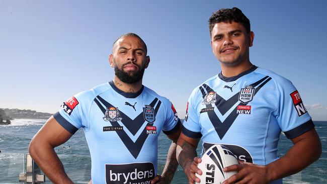 Brydens Lawyers NSW Blues State of Origin team photo at Coogee Surf Club this morning ahead of this year's competition. Pictured is Josh Addo-Carr and Latrell Mitchell. Picture: David Swift