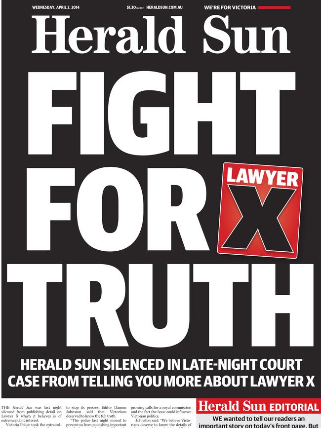 The Herald Sun’s Lawyer X front page of April 2, 2014.