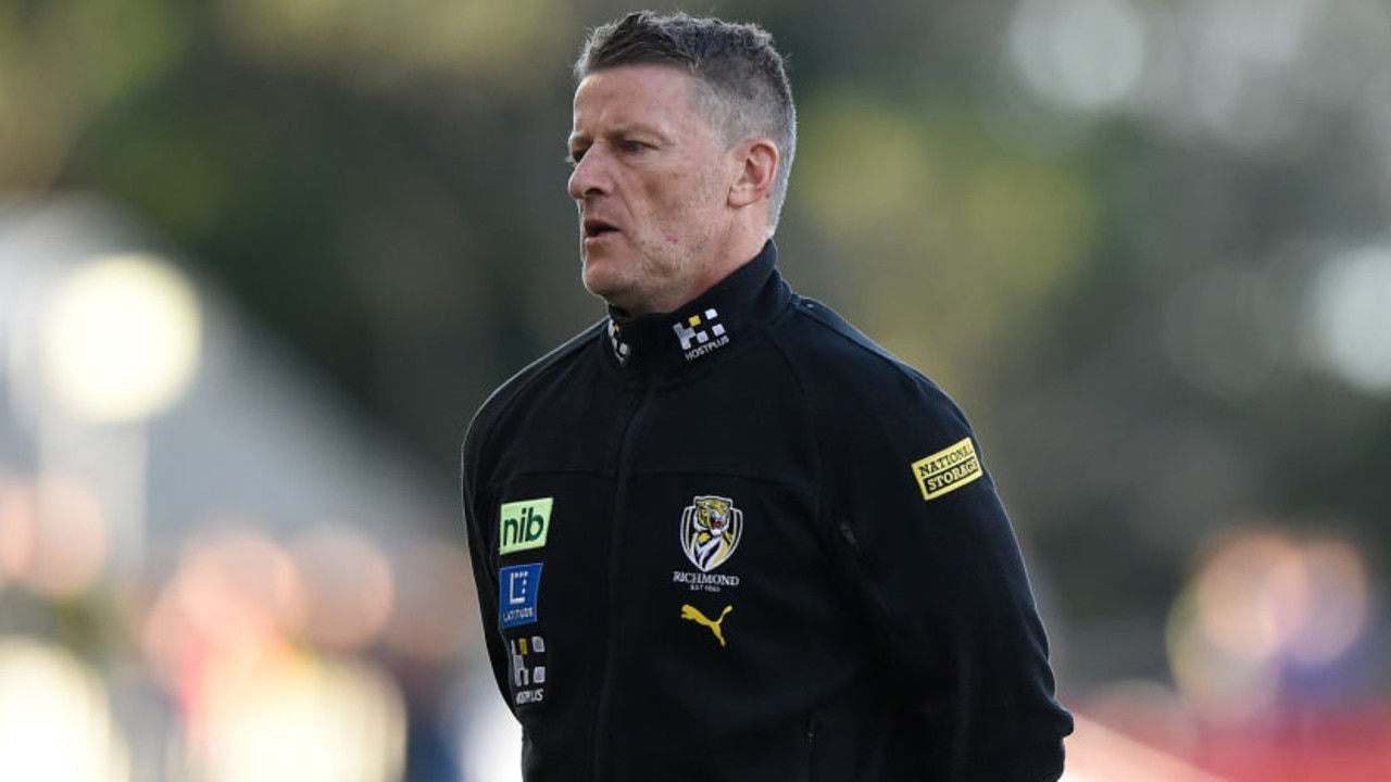 GOLD COAST, AUSTRALIA - JULY 09: Head coach Damien Hardwick of the Tigers looks on prior to the start of the round 17 AFL match between the Gold Coast Suns and the Richmond Tigers at Metricon Stadium on July 09, 2022 in Gold Coast, Australia. (Photo by Matt Roberts/AFL Photos/via Getty Images )