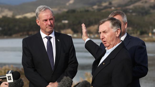 Senator Richard Colbeck (left) listening to Brighton Council Mayor Tony Foster speaking. Picture: LUKE BOWDEN