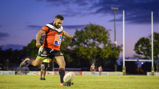 Nicholas Tanner attempts a conversion for the Western Suburbs Magpies.