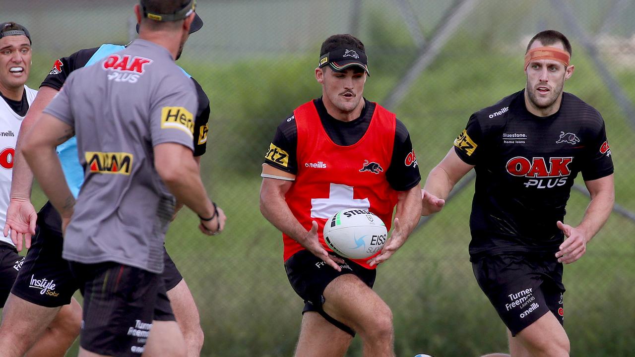 Cleary trains with a medical bib on but isn’t expected back for another two weeks. Picture: Toby Zerna