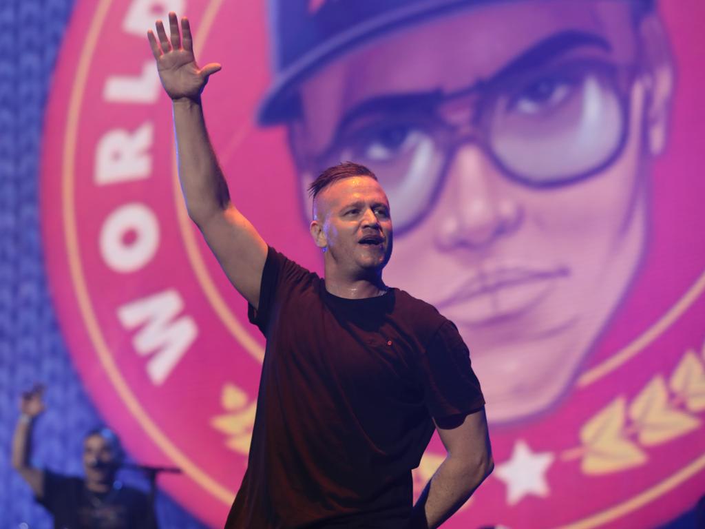 MC Pressure of the Hilltop Hoods acknowledges the fans. Picture: Getty Images