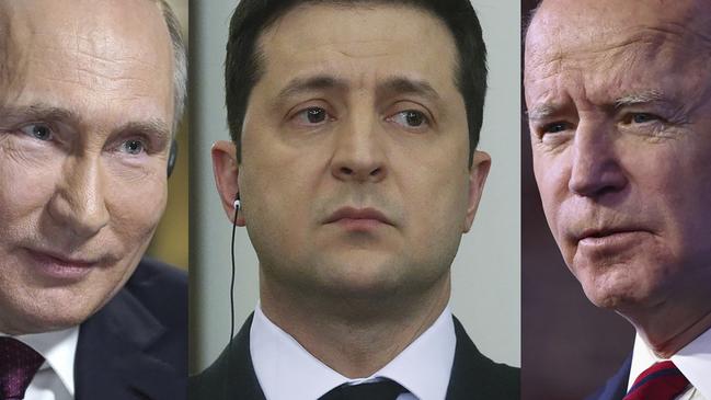 Russia's President Vladimir Putin at the Kremlin, Ukrainian President Volodymyr Zelensky in Kiev and US President Joe Biden in Wilmington, Delaware.