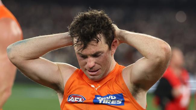 Brent Daniels was forced from the ground for a head impact assessment with five minutes remaining after a tackle laid by Nick Daicos earlier in the final term. Picture: Robert Cianflone / Getty Images