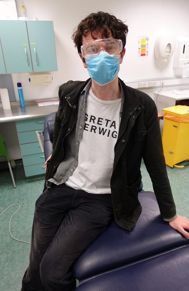 Jack Sommers undergoing a coronavirus vaccine trial at St George's Hospital in Tooting, south London. Picture: News Licensing/MEGA TheMegaAgency.com