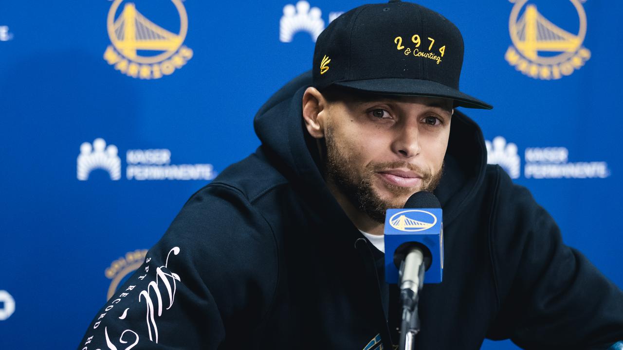 Steph Curry speaks to the media after his historic achievement. Picture: NBAE via Getty Images)