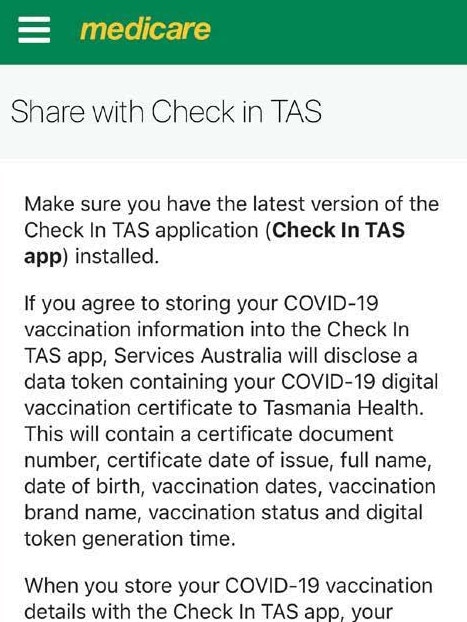 Screenshot of Check in Tas app.