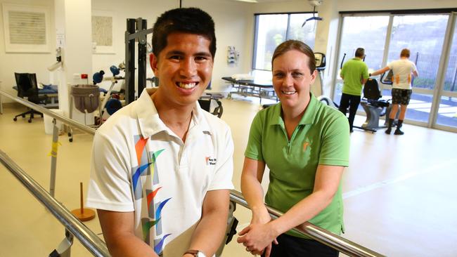 Pride of Australia nominee Kevin Luu, pictured with physio Katrina Lane. Royal Rehab nominated Kevin for the voluntary work he has done assisting other brain injury victims in their recovery. Pictures: Mark Scott