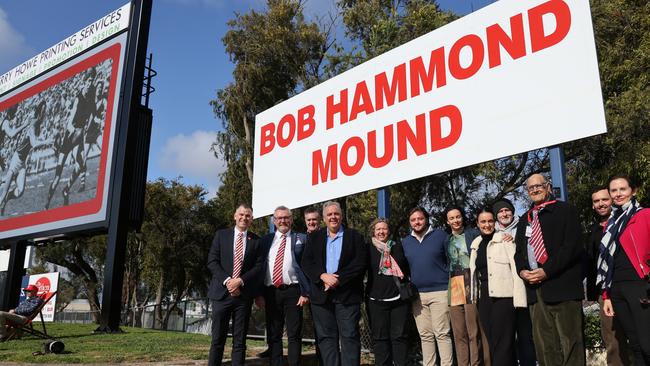 North Adelaide officials and Bob Hammond family members at the unveiling of the Bob Hammond Mound at Prospect Oval on Sunday. Picture: David Mariuz/SANFL