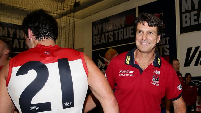 Paul Roos with Cameron Pedersen after a Melbourne win. Picture: Colleen Petch