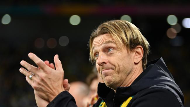 BRISBANE, AUSTRALIA - AUGUST 19: Tony Gustavsson, Head Coach of Australia, reacts during the FIFA Women's World Cup Australia & New Zealand 2023 Third Place Match match between Sweden and Australia at Brisbane Stadium on August 19, 2023 in Brisbane, Australia. (Photo by Justin Setterfield/Getty Images)