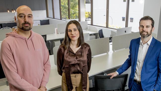 Ermin and Mia Plakalo and Nick Selbie at their new office space. Picture: Jerad Williams