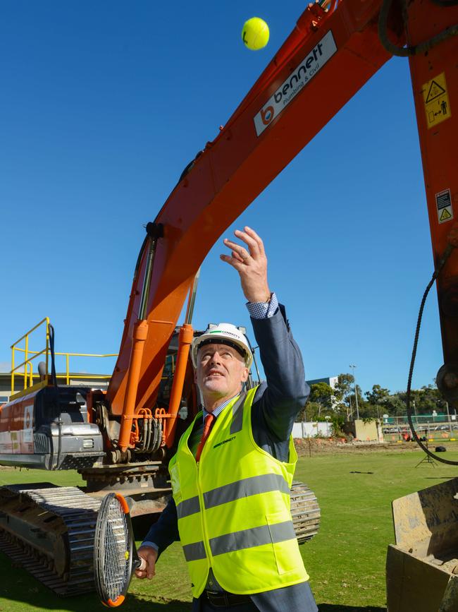 South Australian tennis great John Fitzgerald serves up the start of stage one of the Memorial Drive redevelopment in April, 2018. Picture: AAP Image/Brenton Edwards