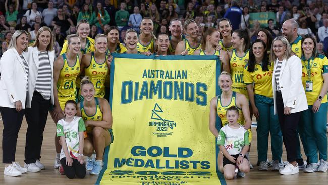 The Diamonds have celebrated their Constellation Cup win by unfurling the Commonwealth Games victory banner. Picture: Getty Images.