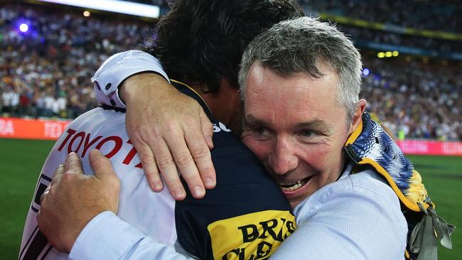 Paul Green and Johnathan Thurston celebrate victory in the 2015 NRL grand final. Picture: Brett Costello