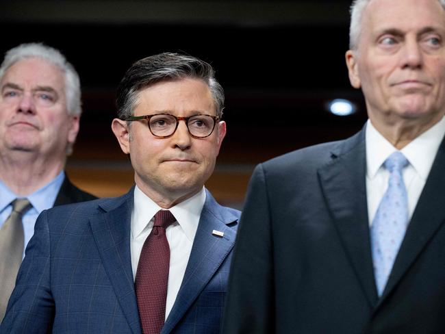 US Speaker of the House Mike Johnson (C), US House Majority Leader Steve Scalise (R), and US House Majority Whip Tom Emmer, following the Republican Conference meeting. Picture: AFP