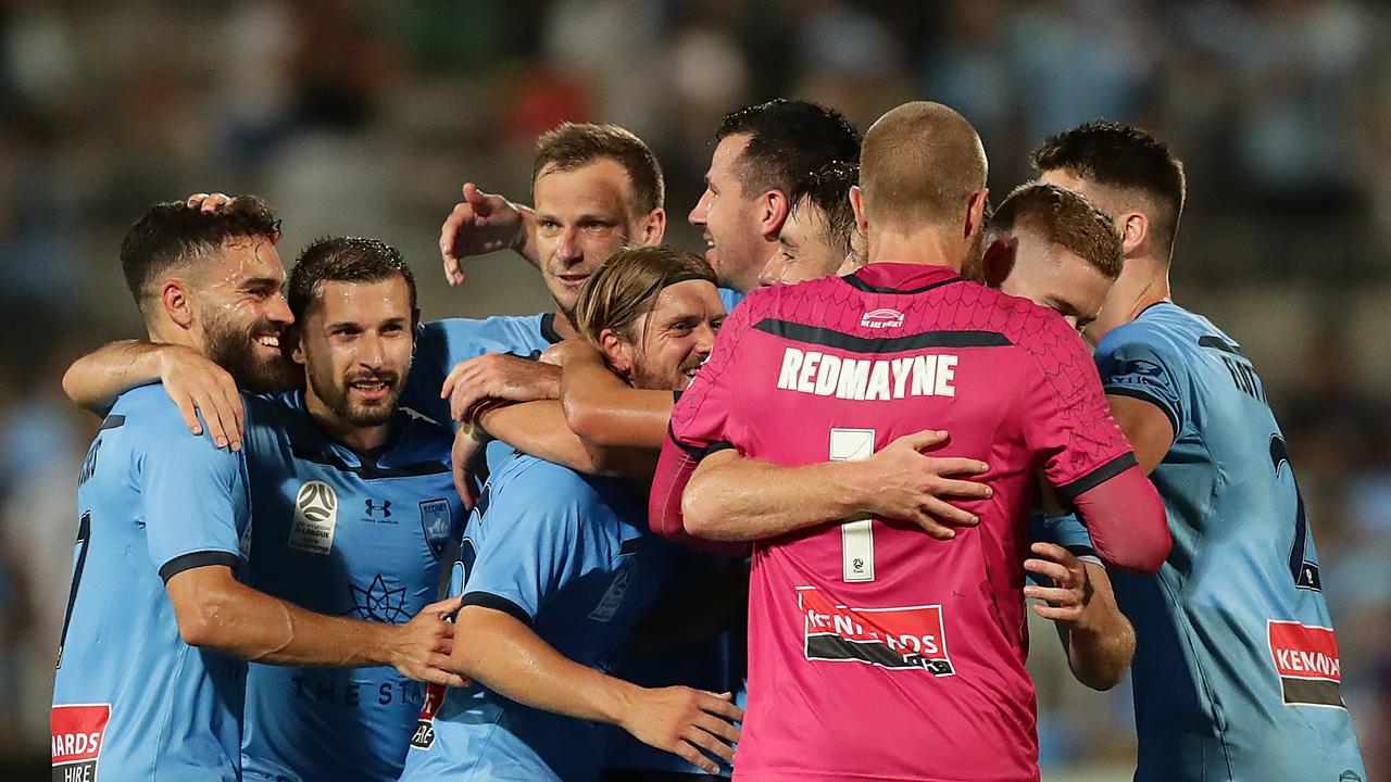 Sydney FC players celebrate their 2-1 win over Melbourne City in December. Picture Mark Metcalfe/Getty Images