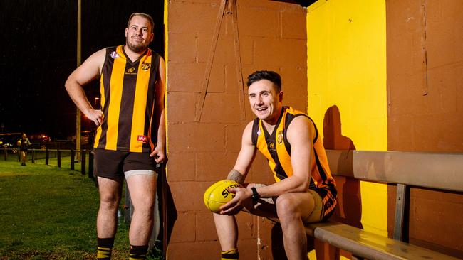 Hackham player Chris Smith and player/coach Luke Allan. The pair will line up with the Hawks in the Adelaide Footy League’s division seven in 2021. Picture: Morgan Sette