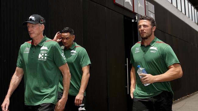 SYDNEY, AUSTRALIA - DECEMBER 04: New South Sydney Rabbitohs Coach Wayne Bennett walks with John Sutton and Sam Burgess to the media for an NRL press conference at Redfern Oval at Redfern Oval on December 4, 2018 in Sydney, Australia. (Photo by Mark Kolbe/Getty Images)