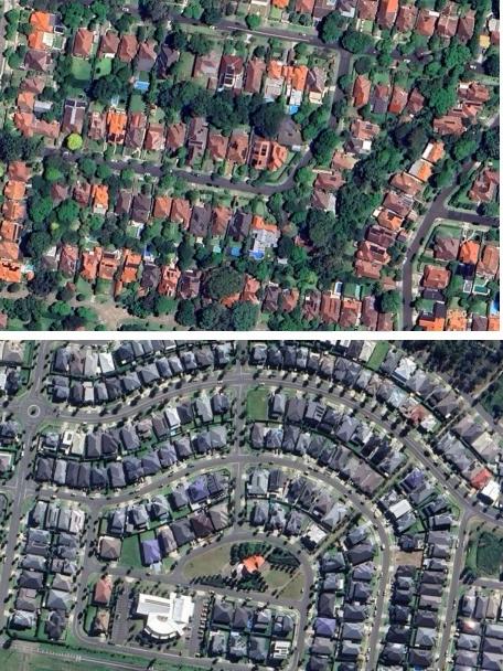 A photo released by the council showing a typical layout of existing Willoughby streets (above) and an example of dual occupancy housing (below)