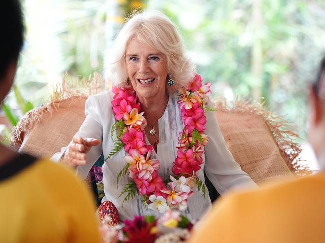 Queen Camilla meets a group of young people supported by the Samoa Victim Support Group in Apia, Samoa. Picture: Getty Images