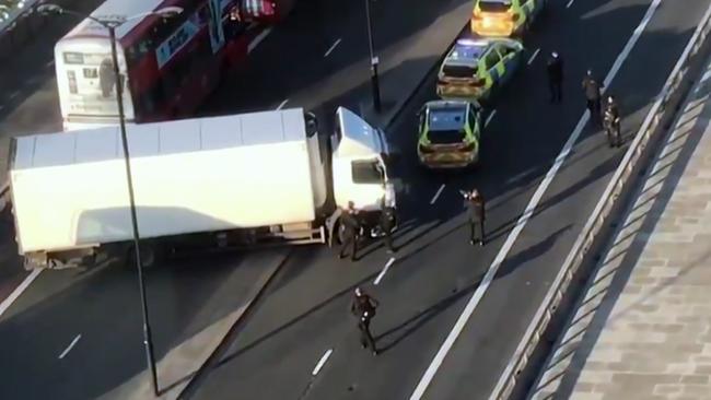 Police during the London Bridge terror attack, where a truck blocked the road. Picture: Luke Poulton/AP