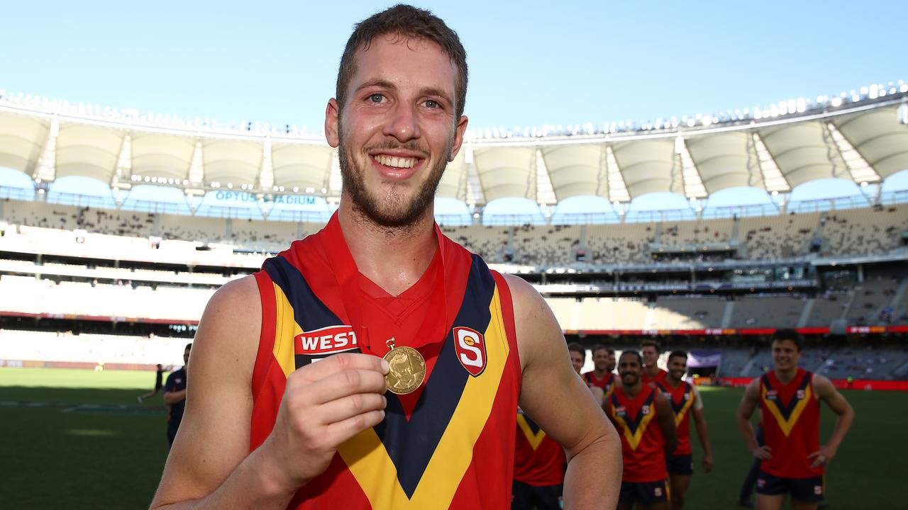 Michael Knoll after winning the Foss-Williams medal for best SANFL player during the state game between WA and SA at Optus Stadium on May 12, 2019 in Perth, Australia. (Photo by Paul Kane/Getty Images)