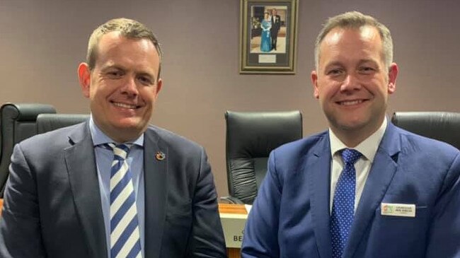 Dubbo Mayor Stephen Lawrence with former mayor Ben Shields in happier times after the 2019 mayoral election saw the pair respectively elected to lead council. Picture: Ben Shields Team/Facebook