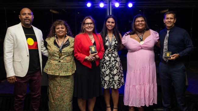 Timmy Duggan, Carol Stanislaus, Meaghan Lake, Lalwa May, Skye Lampton and Brendan Pettersen at the 2023 NT Indigenous Sport Awards. Picture: Celina Whan