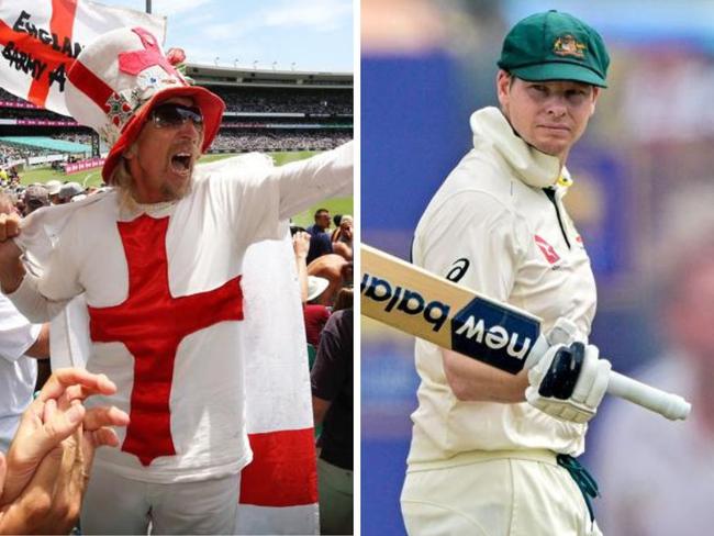 Steve Smith and the Barmy Army. Photos: News Corp/AFP