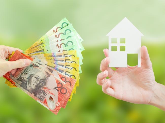 Client giving Australian money to property agent for buying house. Property and real estate concept. housing, Australian money, generic property