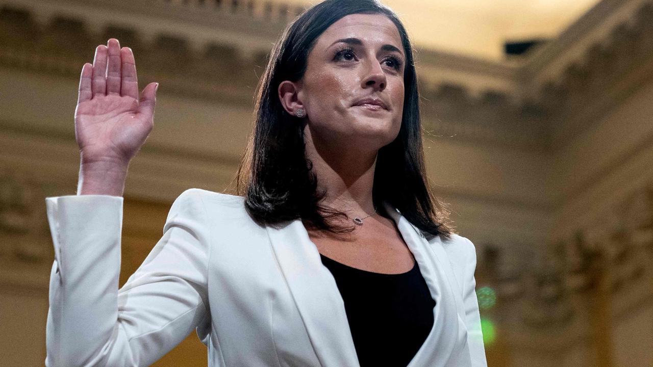 Ms Hutchinson swearing to tell the truth before Congress. Picture: Stefani Reynolds/AFP