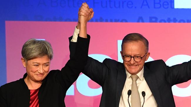 Penny Wong and Labor Leader Anthony Albanese celebrate victory. Picture: James D. Morgan/Getty Images