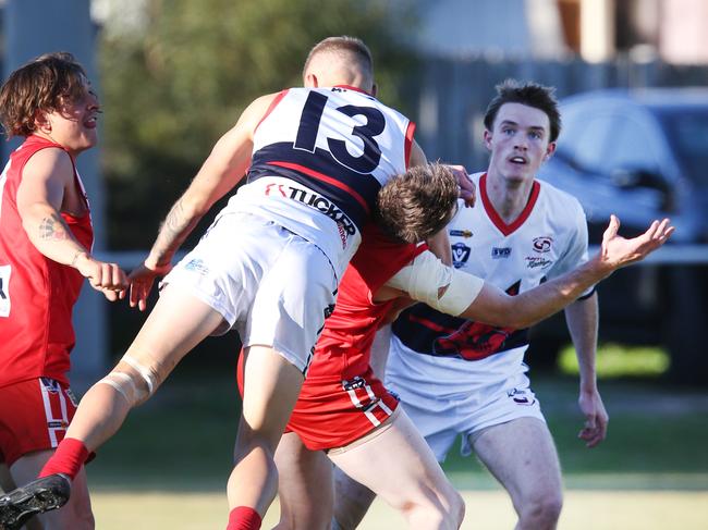 Football GDFL: Corio v Anakie Corio won. Anakie 13 Billy Goodwin lands on Corio 1 Joel Bennett Picture: Mark Wilson