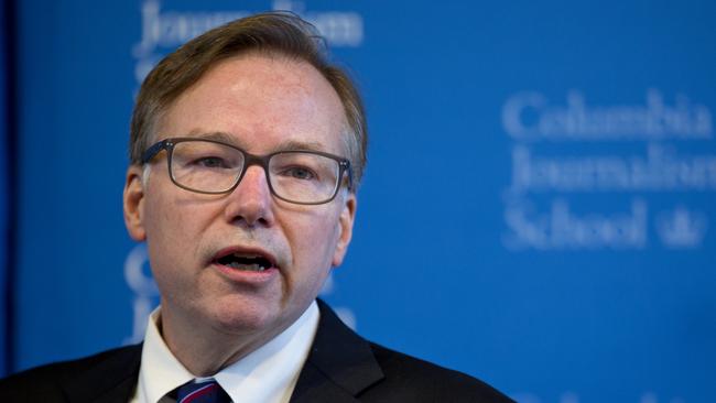 Columbia Journalism School Dean Steve Coll answers a question during a news conference.