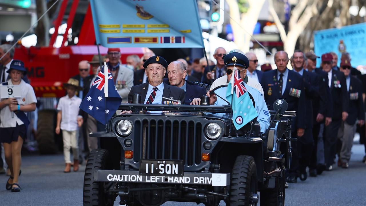 Older veterans were driven in a service vehicle in the Brisbane parade. Picture: NCA NewsWire/Tertius Pickard