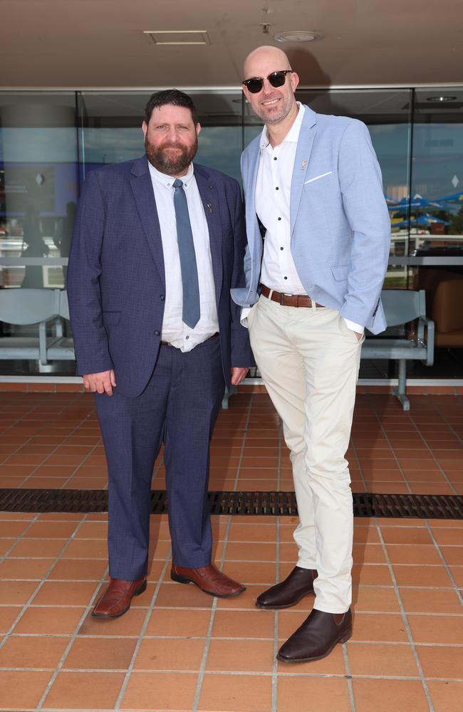 MELBOURNE, AUSTRALIA – OCTOBER 16 2024 Scott and Mick at the Caulfield Social race day at Caulfield racecourse on Wednesday 16th October, 2024 Picture: Brendan Beckett