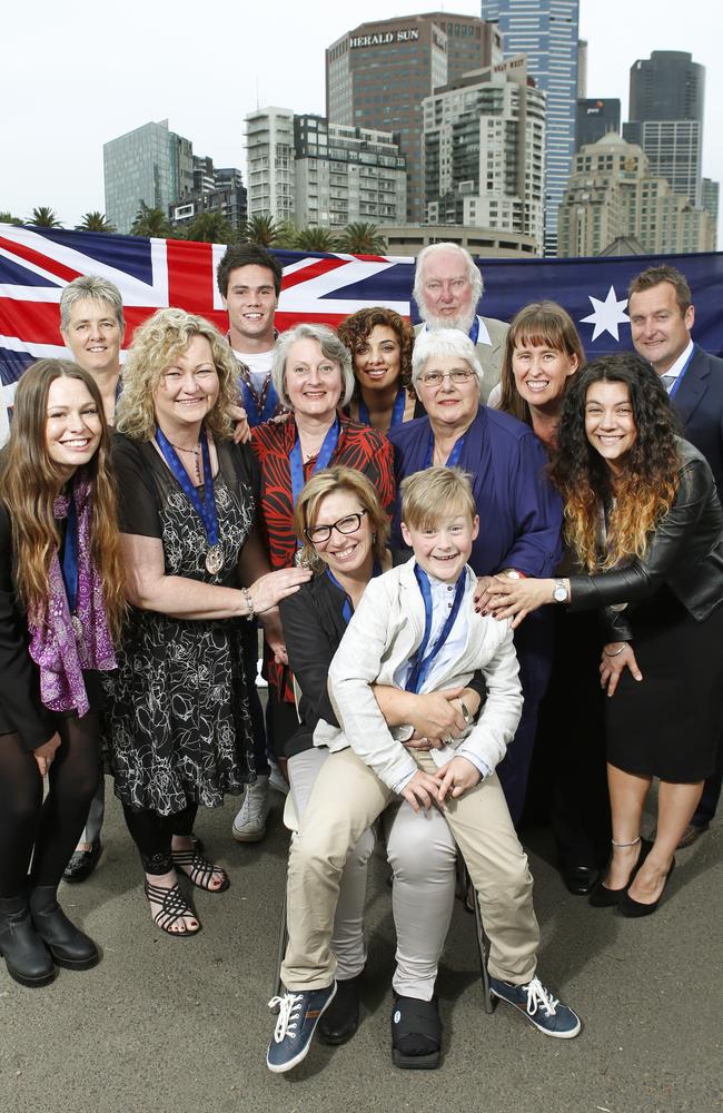 Pride of Australia winners: (L-R) Sissy-Amelia Austin, Jenny Wiltshire, Lisa Gray, Will Austin, Jo McIntyre, Rosie Batty, Rebecca Barbara, Eric Watkins, Gina Poulos, Les Smith, Melinda Shelley, Katherine Tsagaris and Danny Shaddock. Picture: David Caird.