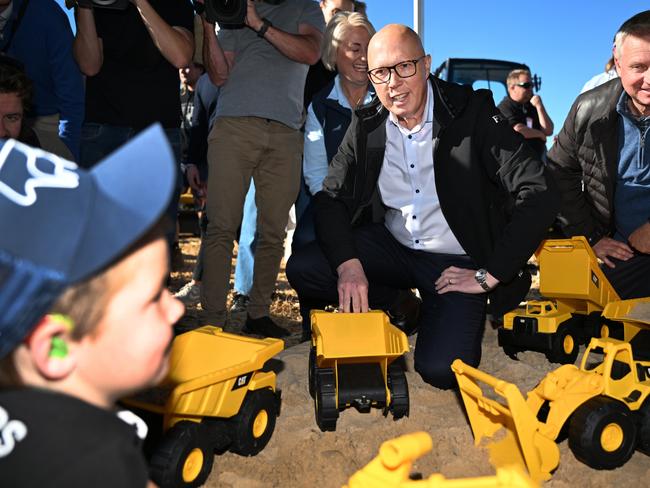 CARRICK, AUSTRALIA - MAY 01: Opposition Leader Peter Dutton meets young locals during a visit to Agfest in the electorate of Lyons on May 01, 2025 in Carrick, Australia. Australia will hold a federal election on May 3. (Photo by Dan Peled/Getty Images)