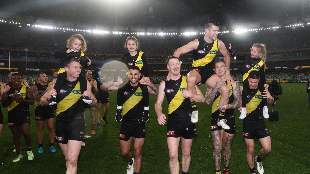 Trent Cotchin is chaired off the MCG. Picture: Michael Klein