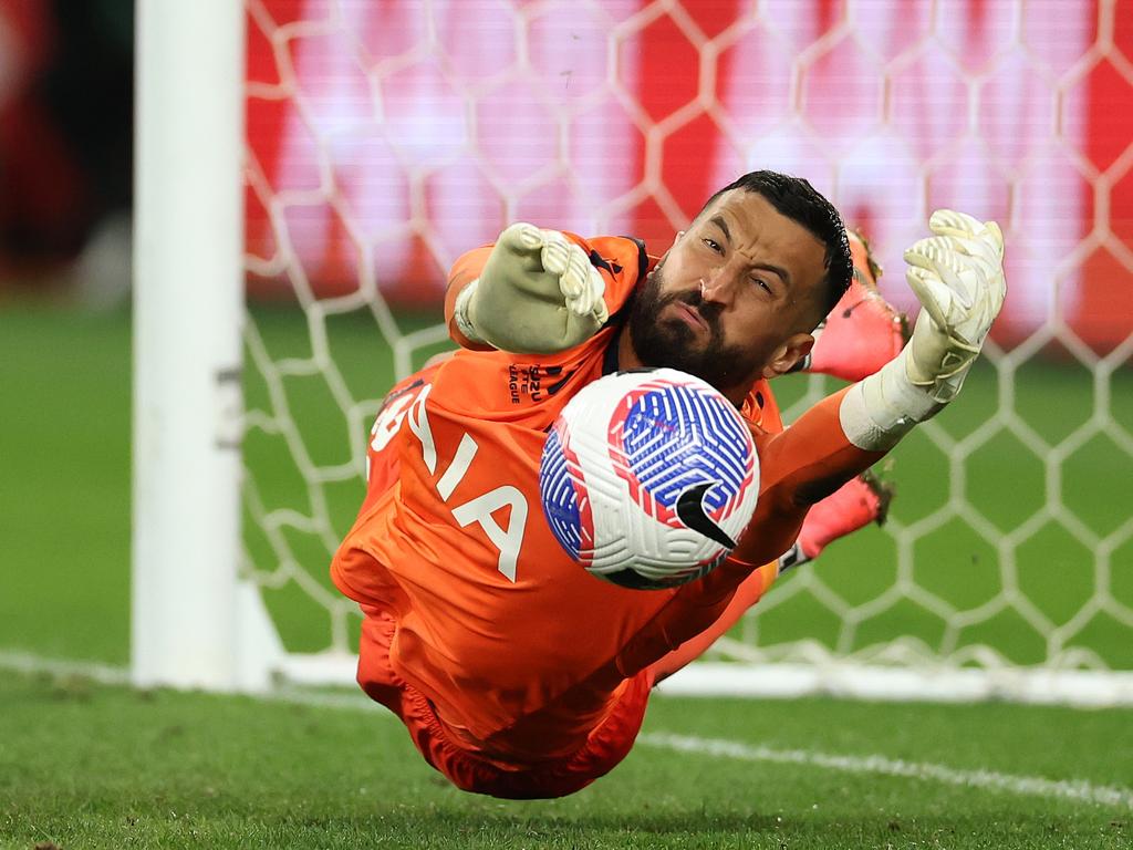 Victory goalkeeper Paul Izzo saves a penalty in the elimination final against Melbourne City. Picture: Getty Images