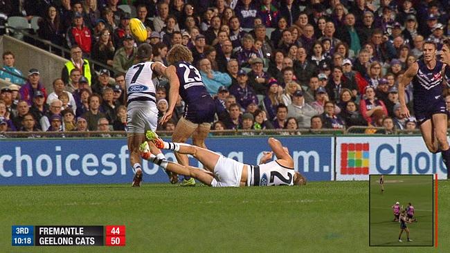 Lachie Henderson hit his head hard on the ground during the Geelong’s clash with Fremantle.